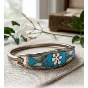 Vintage Alpaca‎ Mexico Blue Enamel Mother of Pearl Floral Hinged Bangle Bracelet